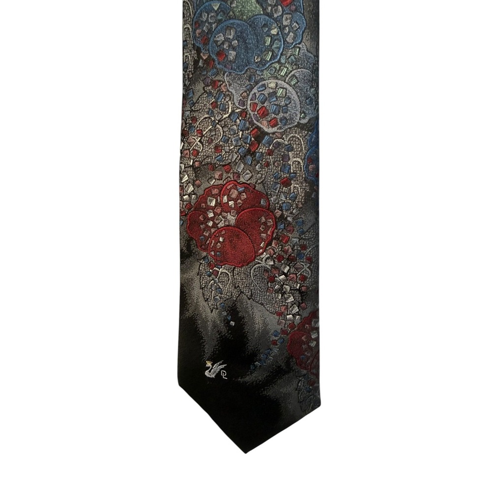VTG Don Loper Beverly Hills Silk Poly Tie Gray Red Blue Paisley USA Necktie Logo